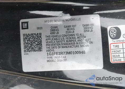 2021 Chevrolet Camaro Rwd Lt1 из США, поврежденный, VIN 1G1FE1R73M0100948